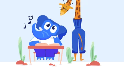 Stud, the elephant studying at a desk with a giraffe standing nearby.